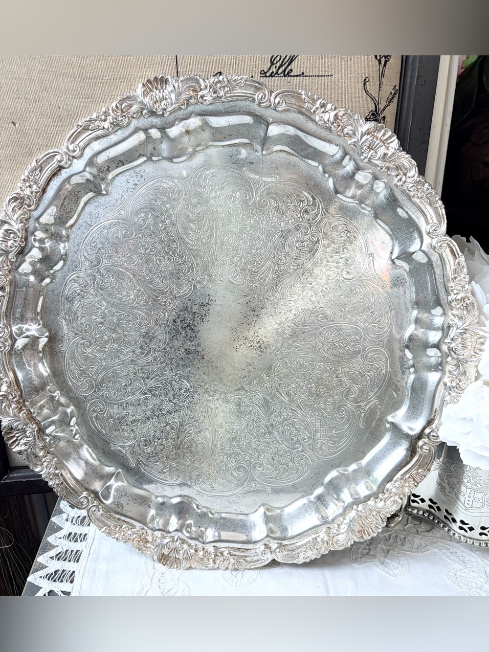 Towle silver ornate serving tray shells floral heritage